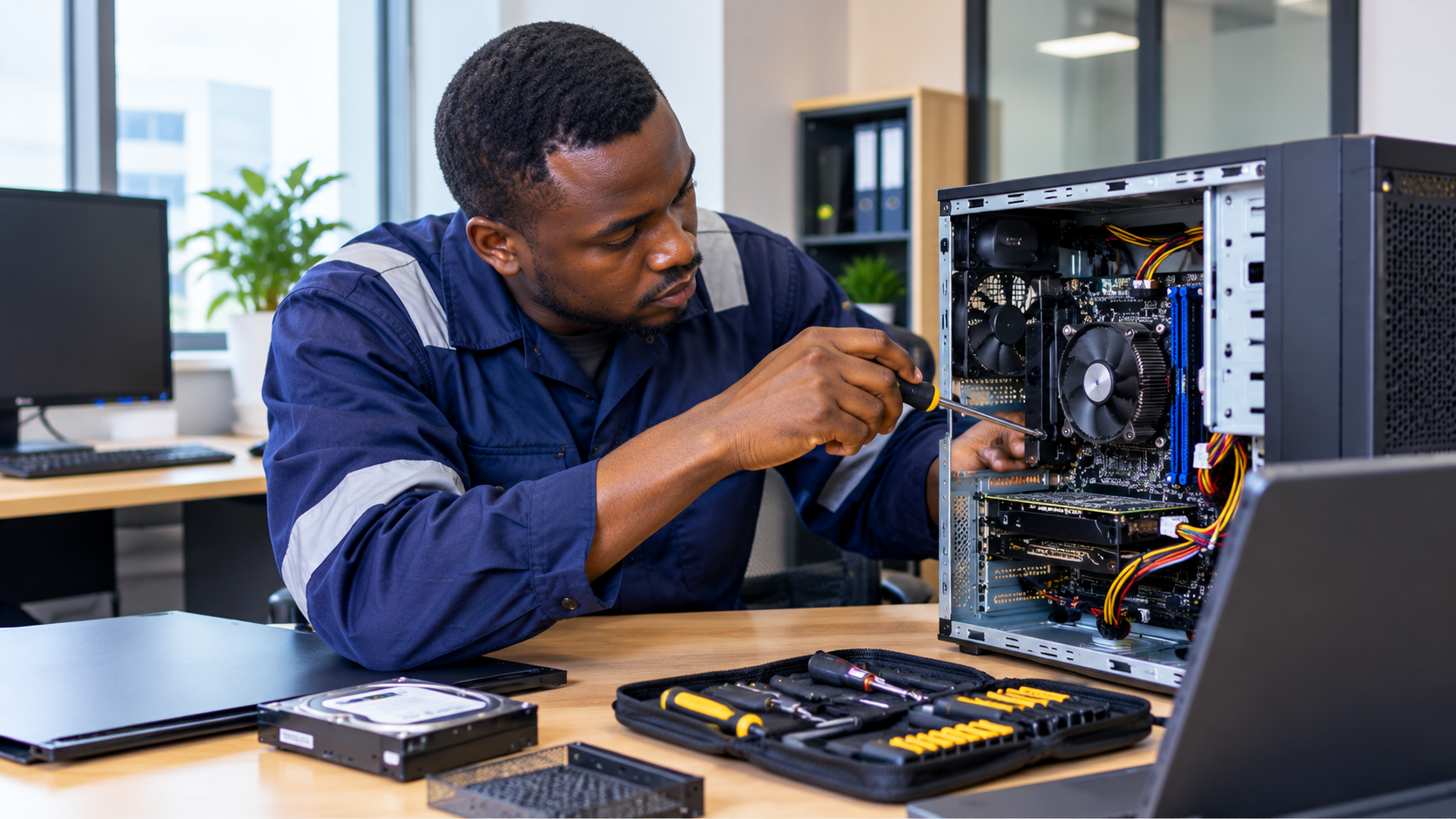 African IT technician repairing the internal components of a desktop computer