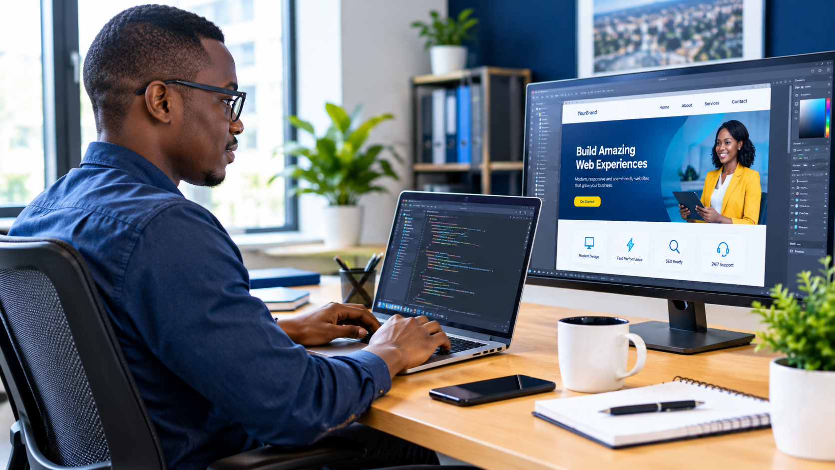 African web designer creating a professional website at a computer workstation