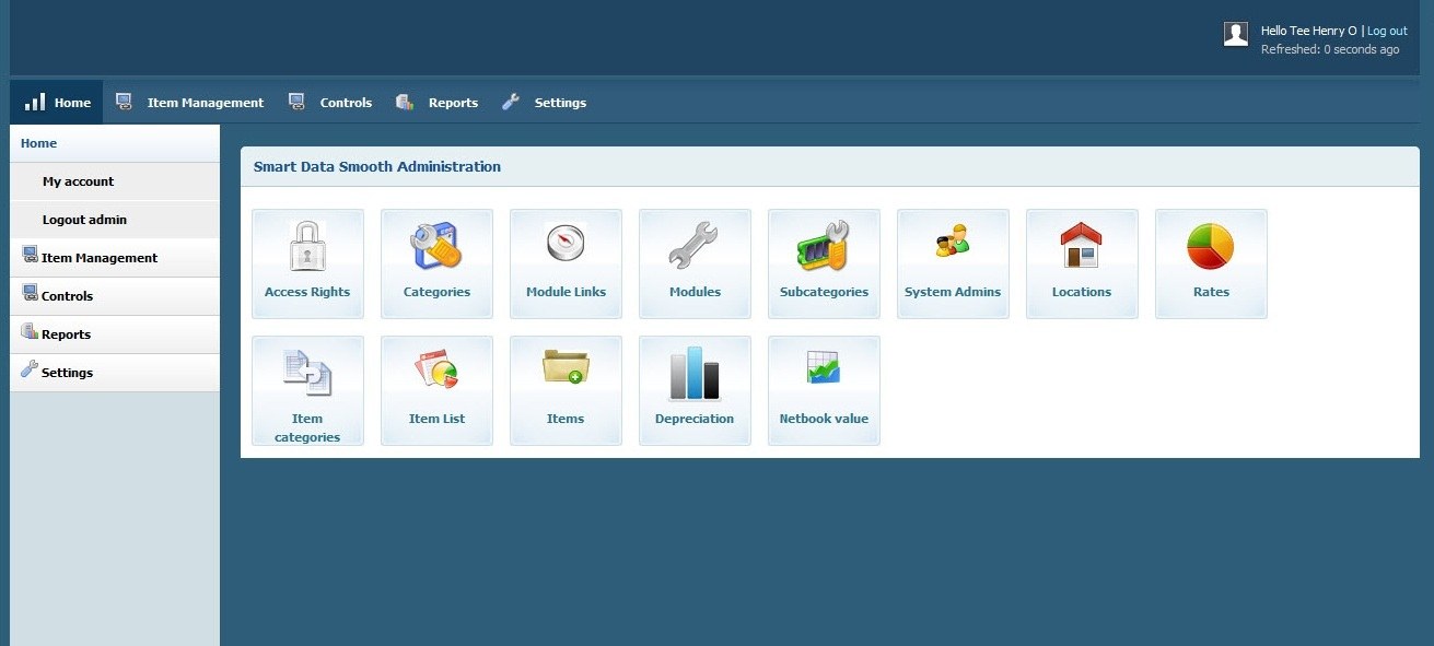 Assets MS software dashboard with item management, depreciation and net book value modules