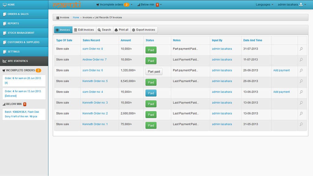 E-Shelves inventory software showing sales records, amounts and payment statuses