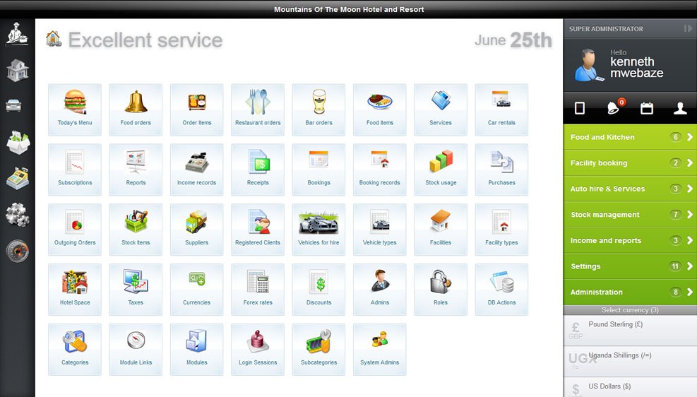 Hotel Studio hotel management dashboard showing bookings, restaurant orders, stock and reports